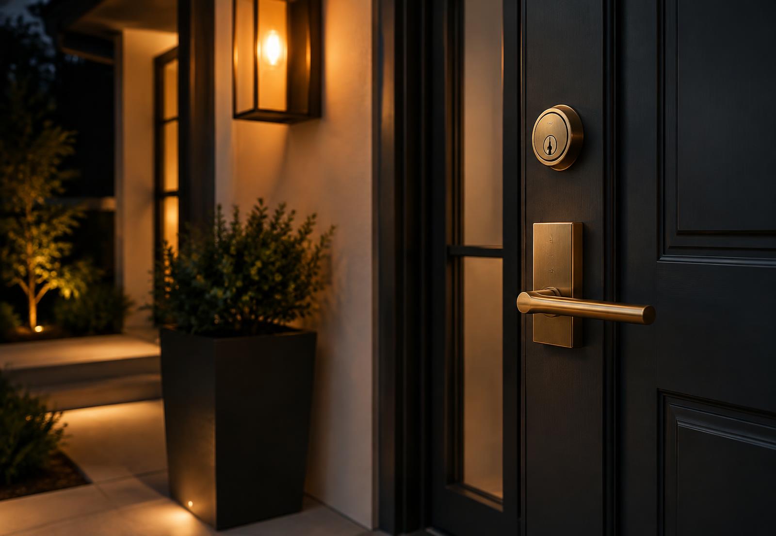 Front door with a deadbolt lock lit by a warm porch light at night